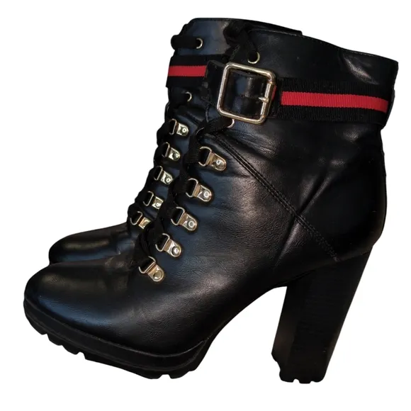 Ribonea Lace-Up Platform Ankle Boot size 10 Black Red belted.