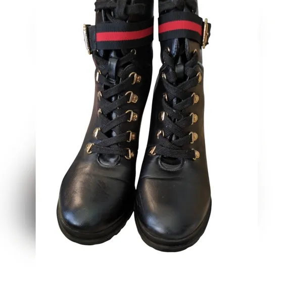 Ribonea Lace-Up Platform Ankle Boot size 10 Black Red belted.