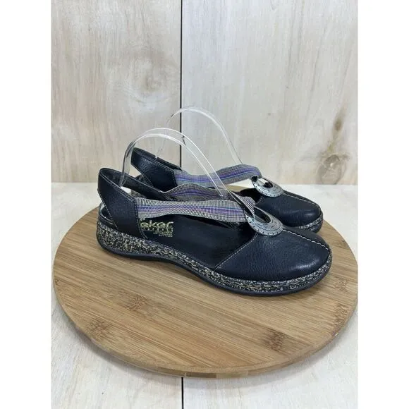 Rieker Daisy Black Leather Closed Toe Sandal Shoes Womens Size 38 US 7