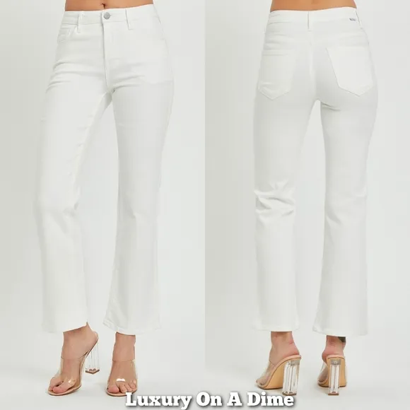 RISEN Mid-Rise Waist Bootcut Classic Jeans Slim Fit Stretch White Denim Pants