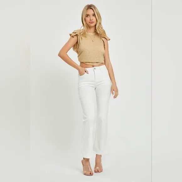 RISEN Mid-Rise Waist Bootcut Classic Jeans Slim Fit Stretch White Denim Pants