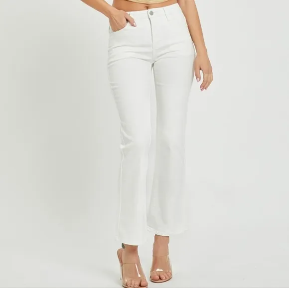 RISEN Mid-Rise Waist Bootcut Classic Jeans Slim Fit Stretch White Denim Pants