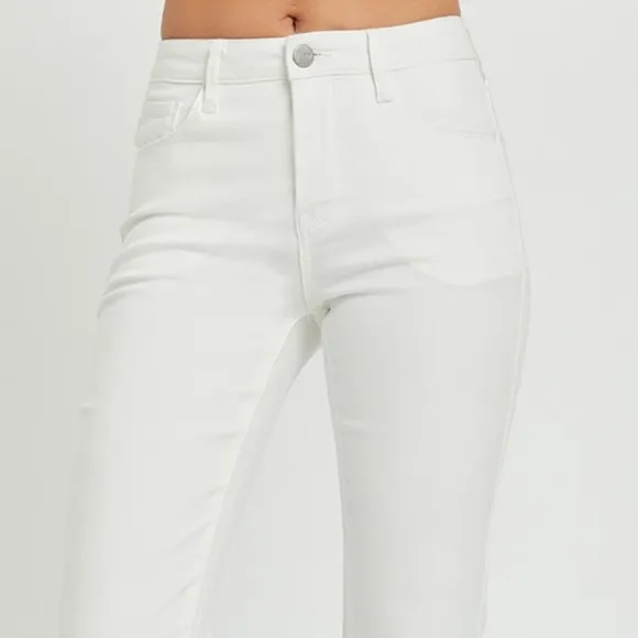 RISEN Mid-Rise Waist Bootcut Classic Jeans Slim Fit Stretch White Denim Pants