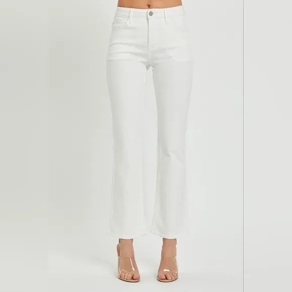 RISEN Mid-Rise Waist Bootcut Classic Jeans Slim Fit Stretch White Denim Pants