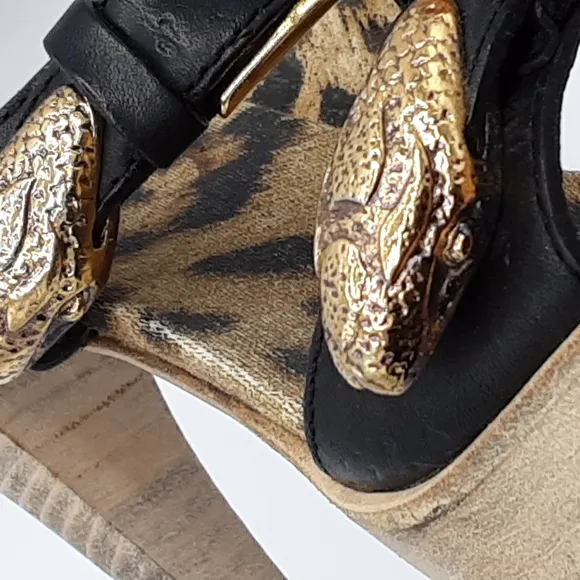 Roberto Cavalli Leopard Print Stiletto Heels with Black Leather Straps.