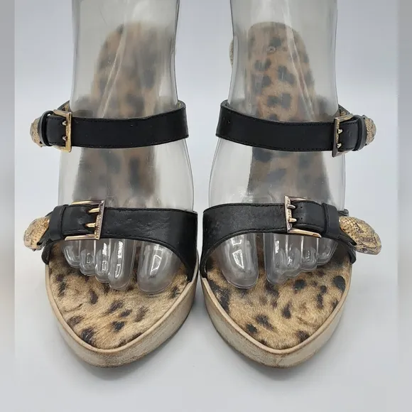 Roberto Cavalli Leopard Print Stiletto Heels with Black Leather Straps.
