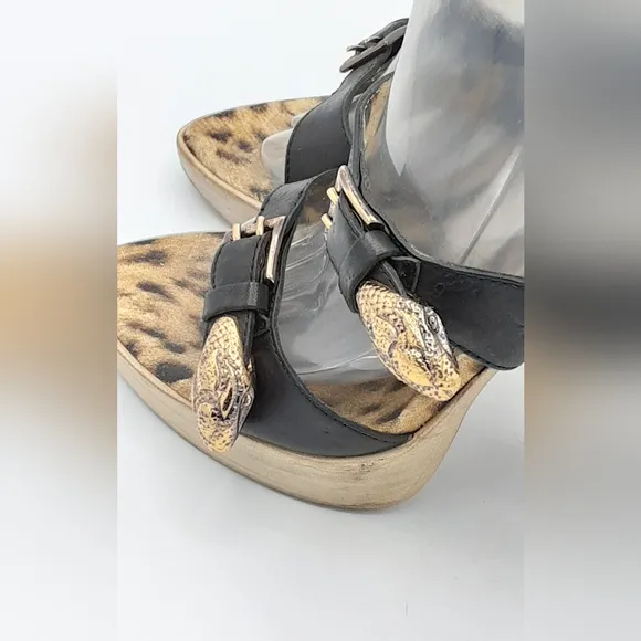Roberto Cavalli Leopard Print Stiletto Heels with Black Leather Straps.
