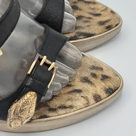 Roberto Cavalli Leopard Print Stiletto Heels with Black Leather Straps.