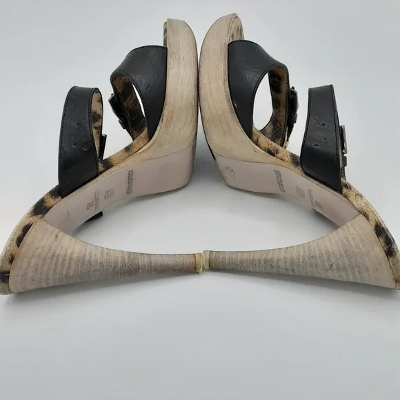Roberto Cavalli Leopard Print Stiletto Heels with Black Leather Straps.