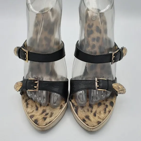 Roberto Cavalli Leopard Print Stiletto Heels with Black Leather Straps.