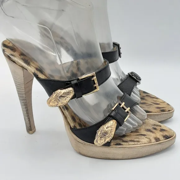 Roberto Cavalli Leopard Print Stiletto Heels with Black Leather Straps.