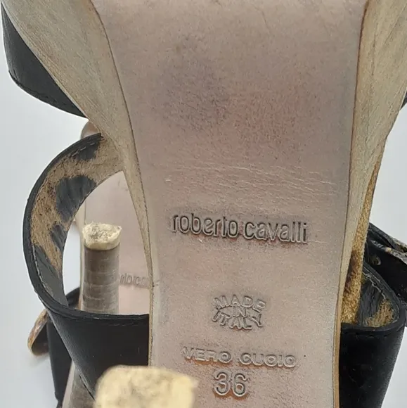 Roberto Cavalli Leopard Print Stiletto Heels with Black Leather Straps.