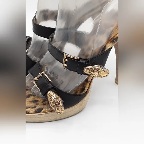Roberto Cavalli Leopard Print Stiletto Heels with Black Leather Straps.