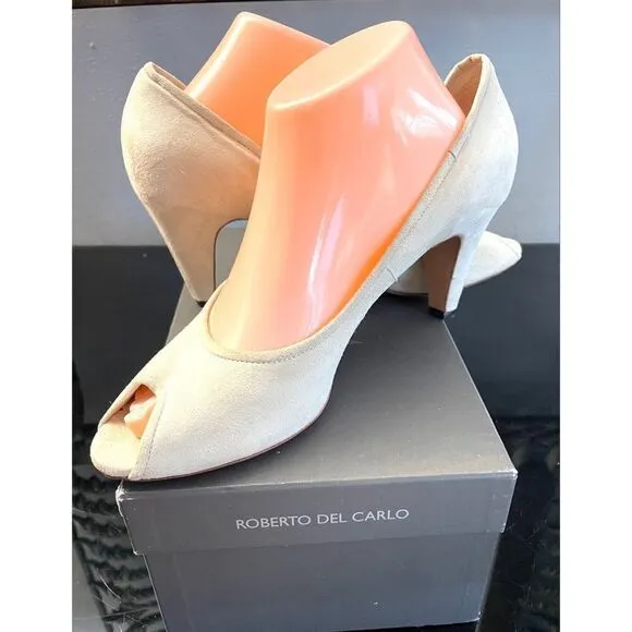 Roberto Del Carlo Panna Off White Suede Peep Toe Heels Women’s Shoes 40.5/10.5 M