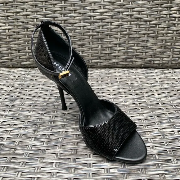 Rochas Sequin Peep Toe Sandals in Black Size 39, Retail $950, NEW