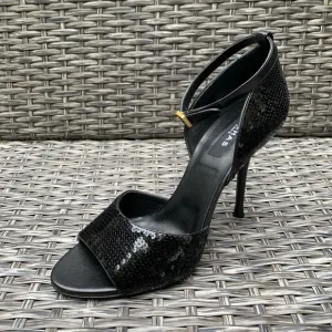 Rochas Sequin Peep Toe Sandals in Black Size 39, Retail $950, NEW