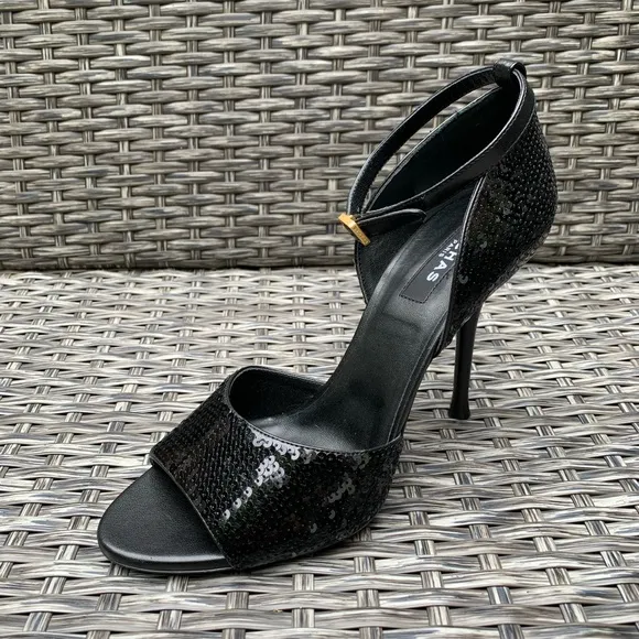 Rochas Sequin Peep Toe Sandals in Black Size 39, Retail $950, NEW