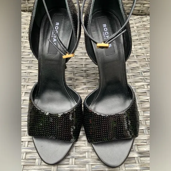 Rochas Sequin Peep Toe Sandals in Black Size 39, Retail $950, NEW