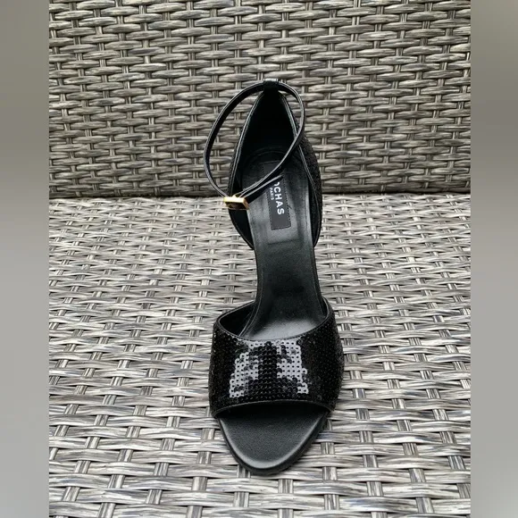 Rochas Sequin Peep Toe Sandals in Black Size 39, Retail $950, NEW