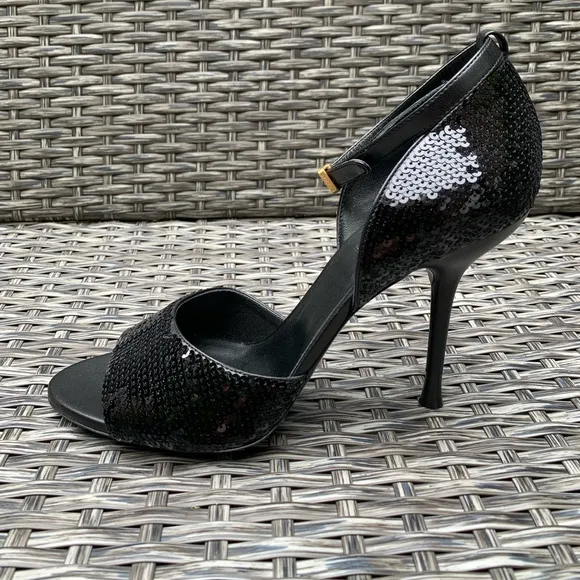 Rochas Sequin Peep Toe Sandals in Black Size 39, Retail $950, NEW