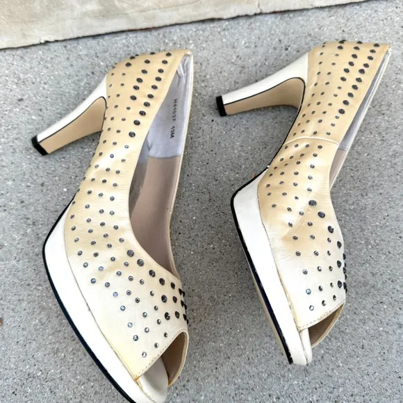 ROS HOMMERSON cream satin PUMPS rhinestones studded peep toe heels Platform 13
