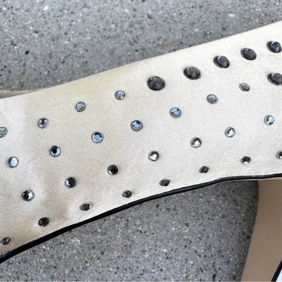 ROS HOMMERSON cream satin PUMPS rhinestones studded peep toe heels Platform 13