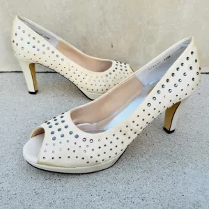 ROS HOMMERSON cream satin PUMPS rhinestones studded peep toe heels Platform 13