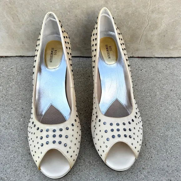 ROS HOMMERSON cream satin PUMPS rhinestones studded peep toe heels Platform 13
