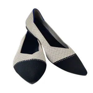 ROTHY'S The Point II Flats 8 Cream Herringbone Cap-Toe Ballet Black