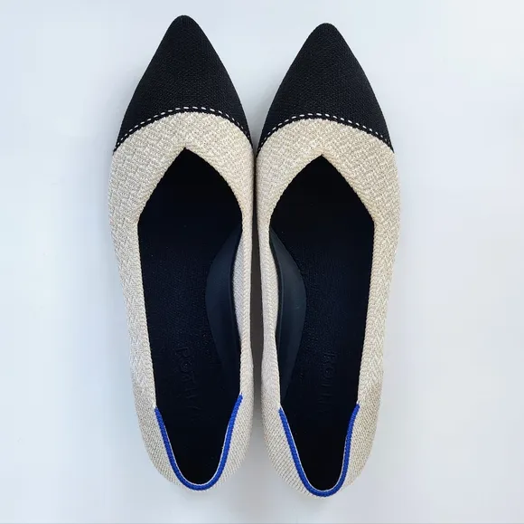 ROTHY'S The Point II Flats 8 Cream Herringbone Cap-Toe Ballet Black
