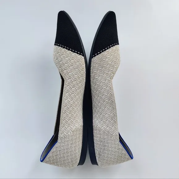 ROTHY'S The Point II Flats 8 Cream Herringbone Cap-Toe Ballet Black