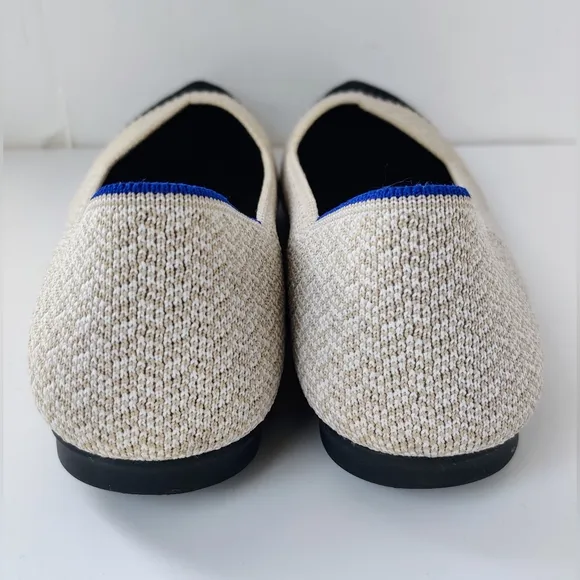 ROTHY'S The Point II Flats 8 Cream Herringbone Cap-Toe Ballet Black