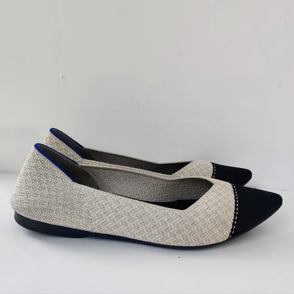 ROTHY'S The Point II Flats 8 Cream Herringbone Cap-Toe Ballet Black