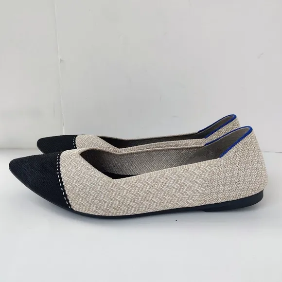 ROTHY'S The Point II Flats 8 Cream Herringbone Cap-Toe Ballet Black