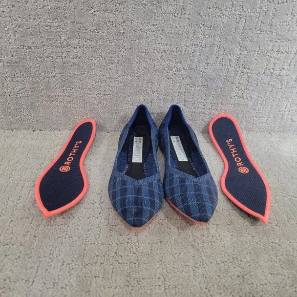 Rothy's The Point Women's Size US 7 Indigo Gingham Plaid Ballet Flats Shoes