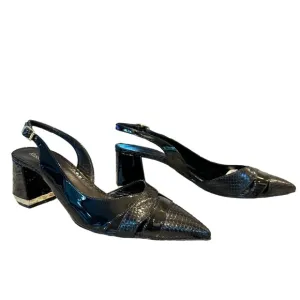 Russell &amp; Bromley Black Leather Slingback Pointed Toe Block Heel Shoes Size 9.5