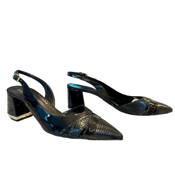 Russell &amp; Bromley Black Leather Slingback Pointed Toe Block Heel Shoes Size 9.5