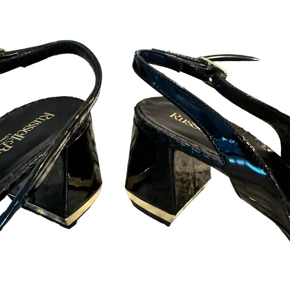 Russell &amp; Bromley Black Leather Slingback Pointed Toe Block Heel Shoes Size 9.5