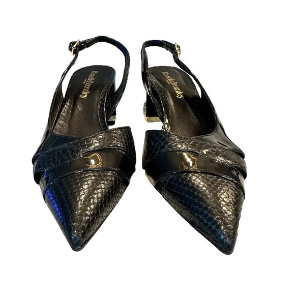 Russell &amp; Bromley Black Leather Slingback Pointed Toe Block Heel Shoes Size 9.5