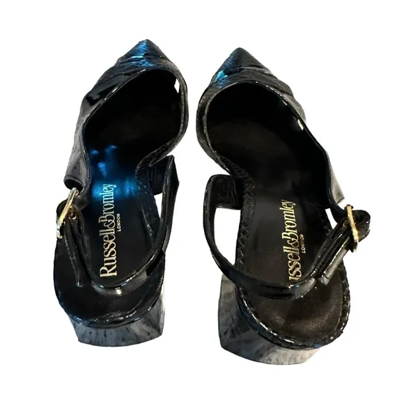 Russell &amp; Bromley Black Leather Slingback Pointed Toe Block Heel Shoes Size 9.5