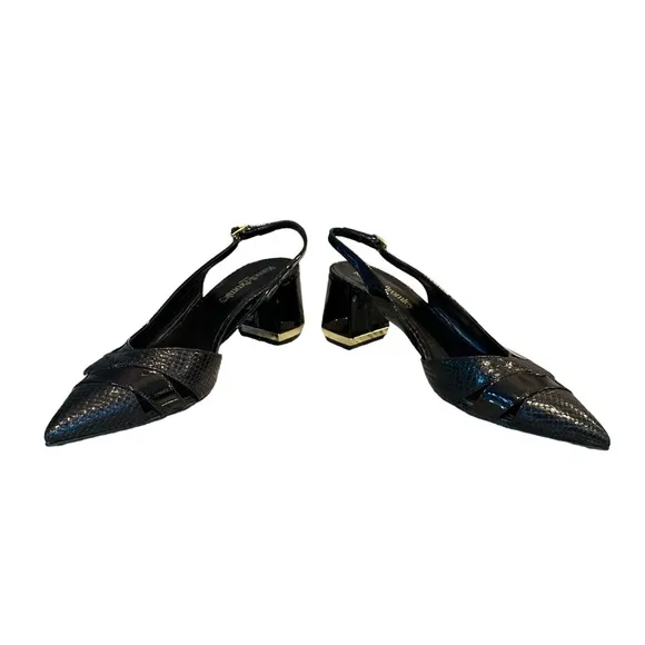 Russell &amp; Bromley Black Leather Slingback Pointed Toe Block Heel Shoes Size 9.5