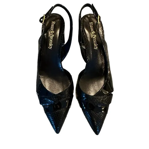 Russell &amp; Bromley Black Leather Slingback Pointed Toe Block Heel Shoes Size 9.5