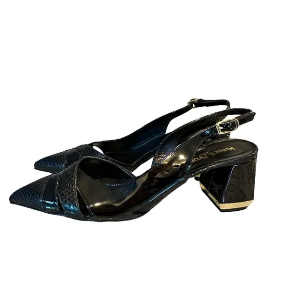 Russell &amp; Bromley Black Leather Slingback Pointed Toe Block Heel Shoes Size 9.5