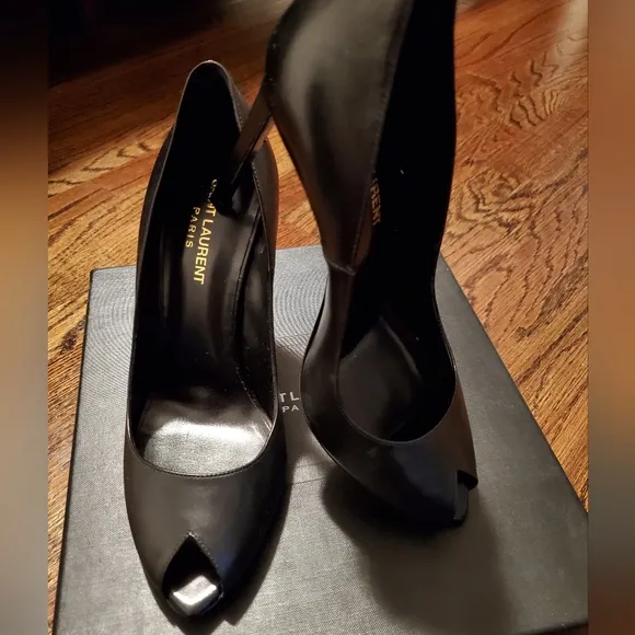 Saint Laurent Black Peep-Toe Black Stiletto Pumps - Size 39 (US 8-1/2 to 9) Used