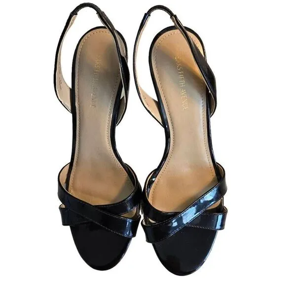 Saks Fifth Avenue Womens Peep Toe Sling Back Pump Shoes Black Size 6.5