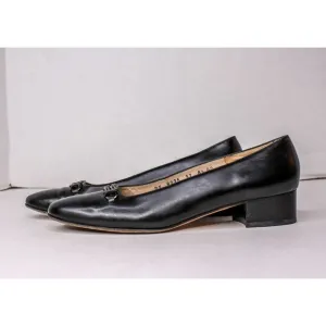Salvatore Ferragamo Black Leather Flats Block Heel Chain Detail Size 8 1…