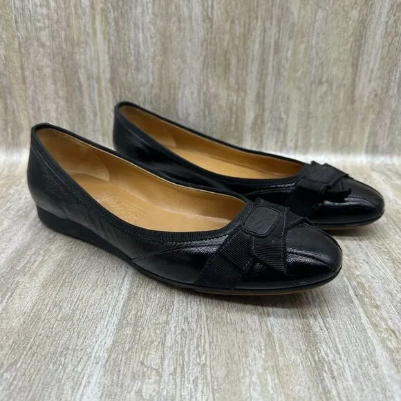 Salvatore Ferragamo Black Patent Leather Ballet Flats Womens 7 Ribbon‎ Bow Shoes