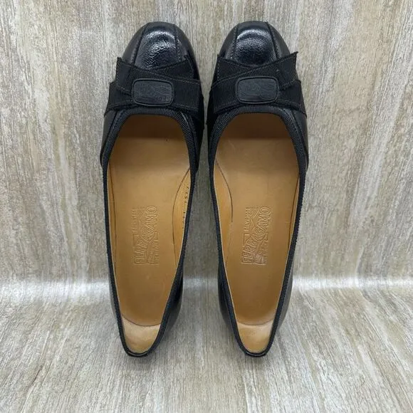 Salvatore Ferragamo Black Patent Leather Ballet Flats Womens 7 Ribbon‎ Bow Shoes