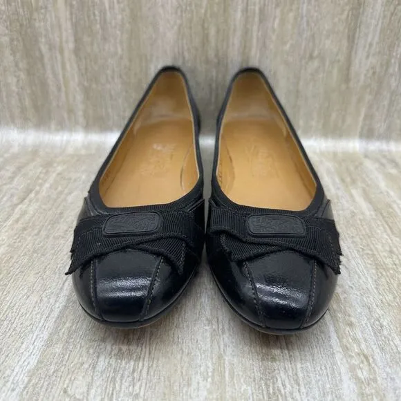 Salvatore Ferragamo Black Patent Leather Ballet Flats Womens 7 Ribbon‎ Bow Shoes