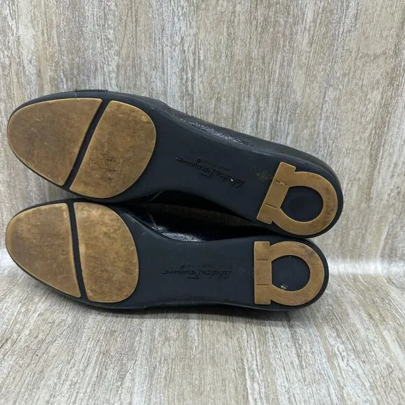 Salvatore Ferragamo Black Patent Leather Ballet Flats Womens 7 Ribbon‎ Bow Shoes